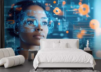 AI cyber security threat, female african american IT specialist analysing futuristic holographic data information. blue & orange colour, sugmented reality artificial intelligence concept banner Wall mural