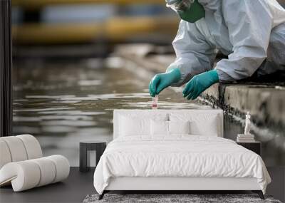 An environmental engineer in protective gear meticulously collects a water sample from a sewage treatment plant for quality testing and analysis Wall mural