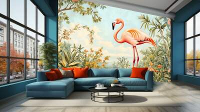 Art life of flamingo in nature background, block print illustration Wall mural