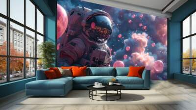 Astronaut with pink balloons in a surreal space environment Celebration Saint Valentines day concept Wall mural