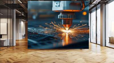 Banner background concept of modern industrial technology featuring laser engraving and cutting of heavy metal with light sparks Wall mural