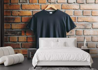 Black T-Shirt Hanging Against Vintage Brick Wall Urban Street Art Background, Fashion Concept, Rustic Window Display, Casual Clothing, Moody Atmosphere, Daylight Wall mural