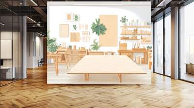 Bright creative wood working craft room Wood curing protective sheet on table Hand edited AI Wall mural