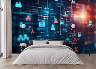 Communication silhouette and virtual or futuristic people networking and together or 3d interface. Social media internet and cyber community for connection innovation or matrix web system Wall mural