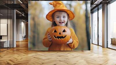 cute child holding a halloween pumpkin over their face, forest background. Halloween costume Wall mural