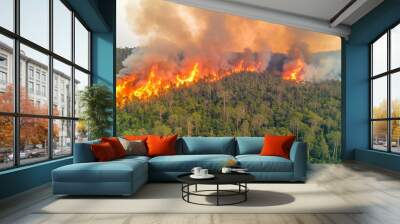 Drone fire and smoke with forest in nature for deforestation climate change and ecology. Ai generated plants and timber with landscape of woods flame for earth disaster and wildfire pollution Wall mural