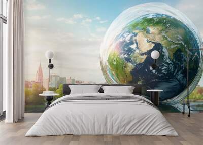 Earth day illustration with earth wrapped in clear plastic Wall mural