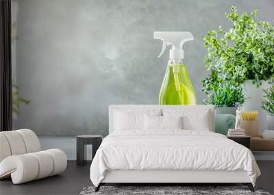 
eco friendly cleaning green spray detergent in bottle, concept of spring cleaning housekeeping housework, clean bathroom house with sustainable environmentally friendly bio organic cleaning liquid Wall mural