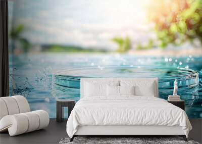 Empty circular glass podium placed on clear blue water with splashes in a mockup scene ideal for highlighting natural purity and a fresh feel of cosmetic product displayed in the copy space image Wall mural