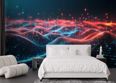 Futuristic digital landscape with glowing red and blue particles forming a dynamic wave pattern Wall mural