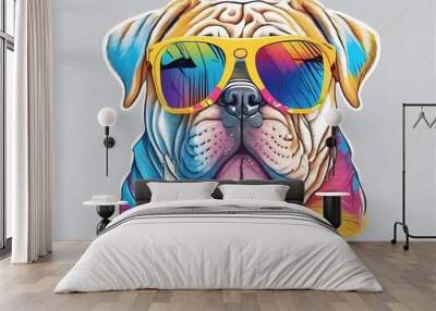 Graphic tshirt vector of a cute happy Great Shar-Pei dog, wearing sunglasses, detailed design, colorful, contour, white background 8k Wall mural