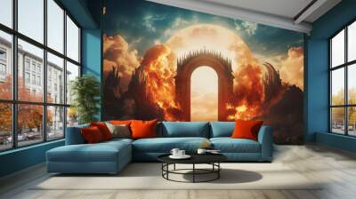 Heaven paradise and fiery hell gates choice. Door to heaven and hell. Good and evil, light and darkness. God's judgment, christianity concept. Religious background for design banner, poster Wall mural