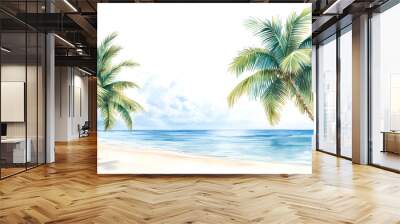 Holiday summer travel vacation illustration - Watercolor painting of palms, palm tree on teh beach with ocean sea, design for logo or t shirt, isolated on white background (Generative Ai)  Wall mural