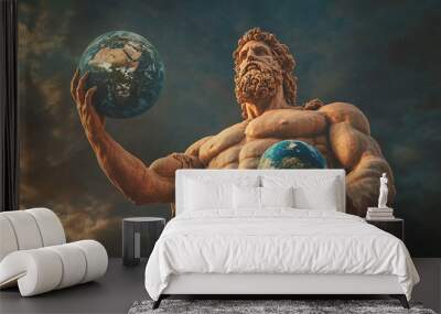 huge great statue of the greek god titan atlas holding planet earth in his hands dark sky in the background Wall mural