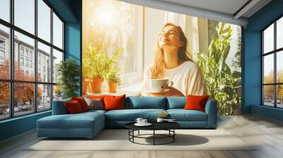 Inhaling fresh air enjoying coffee in the morning time Girl inhaling fresh air relaxing at home Wall mural