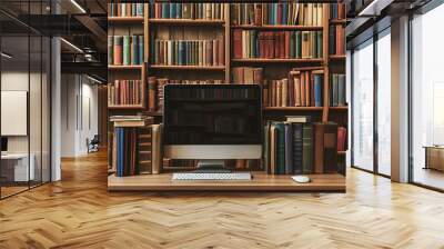 Inside a computer a digital library houses a vast collection of books signifying the limitless reach of online learning Wall mural