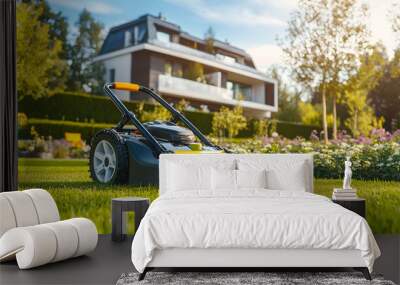 Lawn mower on green grass in a modern garden. Machine for cutting lawns. Wall mural