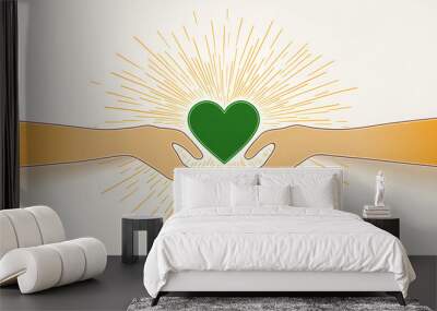 Logo design featuring two hands holding each other with a green heart in the middle, in a simple line art with earthy color palette of beige and yellow-orange on a white background  Wall mural