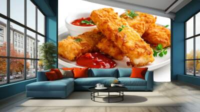 Macro view Golden crispy fried fish fingers on white background  Wall mural