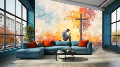 Man kneeling and praying in front of the cross. Digital watercolor painting. Wall mural