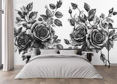 Metallic roses and leaves in a goth horror style Intricate creative floral frame with black roses Vignette fantasy rose frame Twigs branches leaves ivy vines intertwined with lush flowers Wall mural