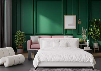 Modern apartment, living room, interior design, bright pink sofa, dark emerald walls. Wall mural