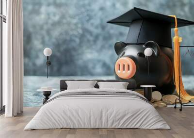 Piggy Bank with Black Graduation Hat with coins Savings for investment in education and scholarship concept Generative AI Wall mural