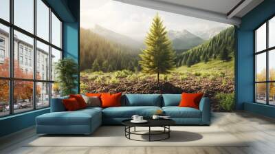 Planting new trees planting new trees in an open area of a mountain conifer trees Hand edited generative AI Wall mural