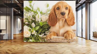 portrait cocker flowers very red american cute puppy spaniel eyes dog animal pet canino brown breed gold purebred dachshund mammal domestic adorable young setter pedigree doggy friends Wall mural