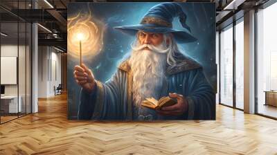 Powerful Wizard Casting a Spell with Magic Staff and Book Wall mural