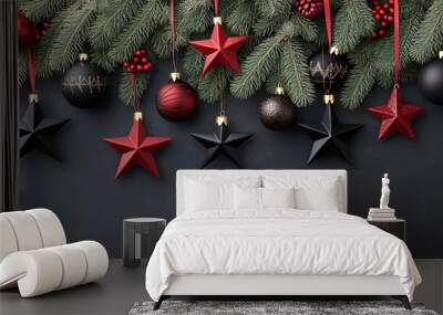 Red and black Christmas stars hanging from pine branches, 3D illustration Wall mural