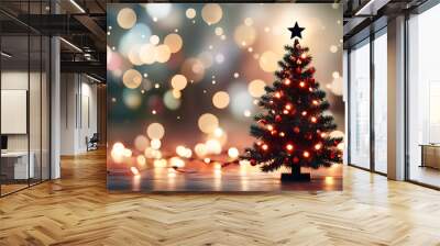 Red and black Christmas tree topper glowing above holiday lights, 3D illustration Wall mural