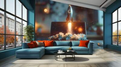 Rocket launch from laptop on office table to fly up in air Business startup new idea project development internet marketing strategy growth future product progress on a website speed power boost Wall mural