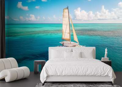 sea catamaran sailboat sky blue sailing travel water ocean adventure sport recreation transportation sail white island horizon clear bright sunshine vacation tour tourism summer Wall mural