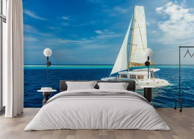 sea catamaran sailboat sky blue sailing travel water ocean adventure sport recreation transportation sail white island horizon clear bright sunshine vacation tour tourism summer Wall mural