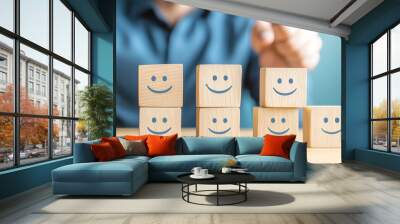 service evaluation survey background face cube businessman icon events feedback blue smile life concept client's client rating concepts wooden satisfaction picked Customer happy hand cop Wall mural