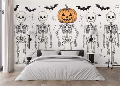 Set of human Skeletons with Pumpkin head Hand drawn modern Vector illustration Isolated design elements Poster print template Cute creepy characters Halloween spooky horror holiday concept Wall mural