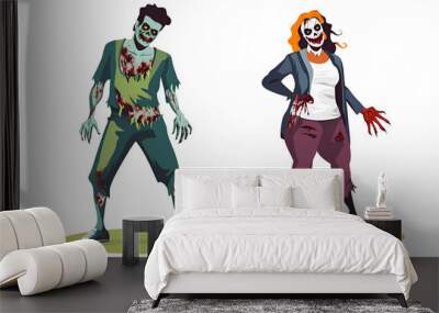 Set of scary zombie man and woman isolated on white background Halloween concept Wall mural