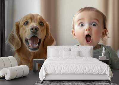 Shocked baby boy and dog expressing surprise with mouth open. Surprised astonished cute child and adorable scared puppy on isolated blur background, 3d unique digital artwork banner wallpaper. Wall mural