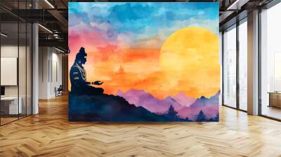 Silhouette of a lord shiva against a sunset background in watercolor style Wall mural