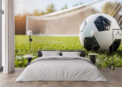 Soccer Ball on Green Field with Goal Net in the Background Wall mural