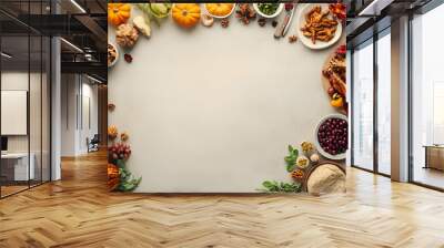 Thanksgiving charity dinner invitation template or mockup with copy space for a greeting text top down view on traditional festive food Wall mural