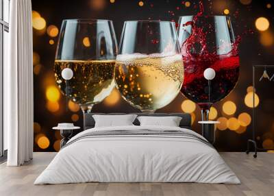 Three glasses of red and white wine with splash reflect one another on dark background wine splash Wall mural