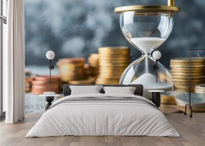 Time and money An hourglass filled with sand sits amid a set of coins illustrating the relationship between saving and financial planning Wall mural