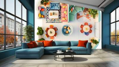 
Top down view, 3D Render of an eclectic family room with colorful furniture, floor plan, on isolated white background  Wall mural