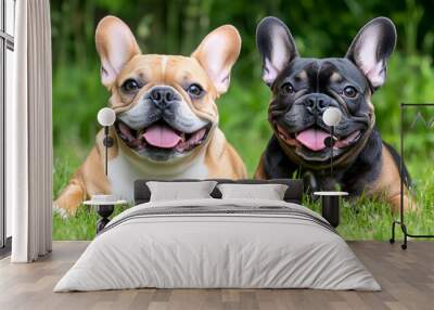 Two happy french bulldogs in different colours black and brown Wall mural