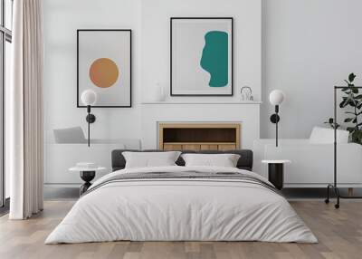 Two white sofas near fireplace against white wall with wooden cabinet and art poster Scandinavian minimalist style home interior design of modern living room Created with generative AI Wall mural