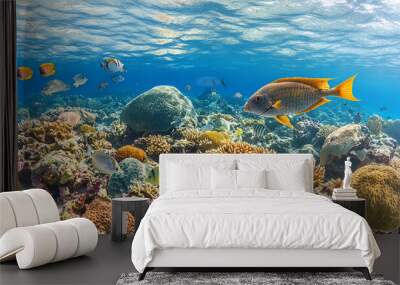 Underwater panorama with great variety of fish and coral Wall mural