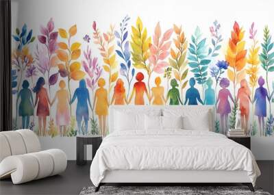 Unity cooperation and a helping hand of the team diverse people water color work Wall mural