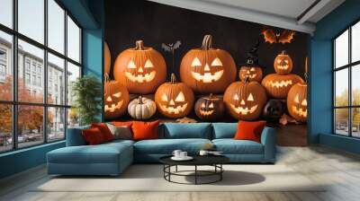 Various Halloween glowing Pumpkins Arranged for Festive Holiday Decor dark background Wall mural